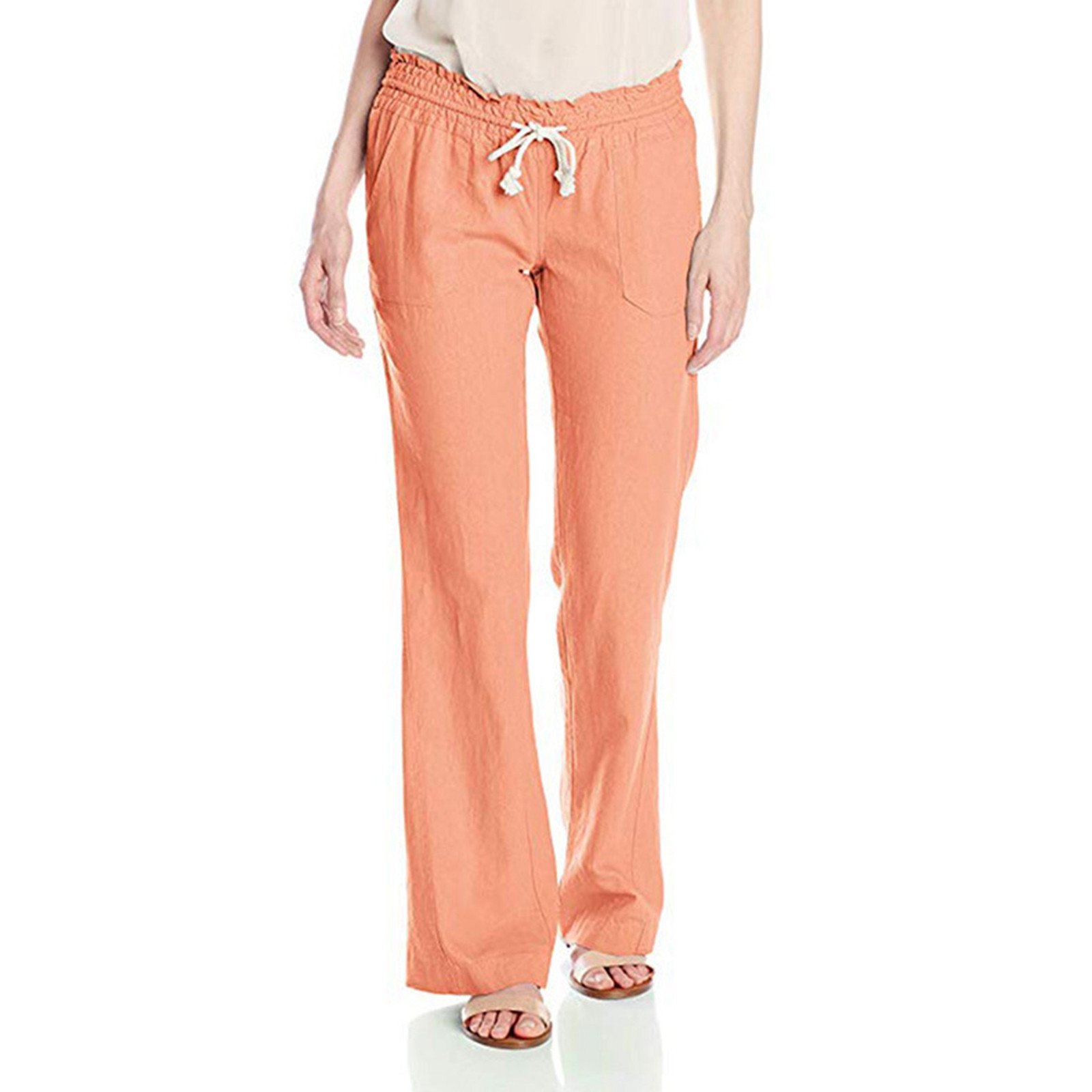 thumbnail image 3 of Pantalones palazzo anchos con cordón de lino suave para mujer: color liso, cintura ajustable, corte fluido para uso informal/viajes, mezcla de lino transpirable, 3 of 8